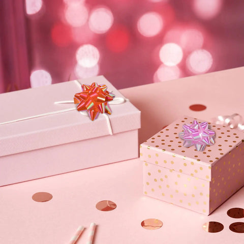 Gift boxes decorated with bows from 100 Pcs Bright Bows And Ribbon Assortment Set For Gift Wrapping with 80 self adhesive bows