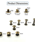 Product dimensions of Heavy Duty Round Head Stud Leather Screws And Assorted Rivets Kit With 110 Pieces showing sizes and details in bronze tone.