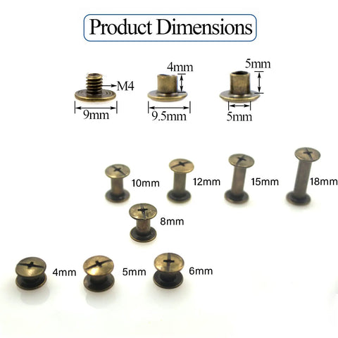 Product dimensions of Heavy Duty Round Head Stud Leather Screws And Assorted Rivets Kit With 110 Pieces showing sizes and details in bronze tone.