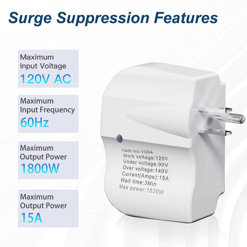 Keep Your Setup Locked Down Against Rough Power Surges With This Sleek Single Outlet Surge Protector Featuring Bright Leds And Automatic Voltage Guard For Tv Pc Fridge 120V, showing surge protector with specifications.