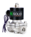 Front view of a 3/4 Inch Stainless Steel Electric Solenoid Valve 12V DC NC For Air Water Fuel With Viton Seals, black top, silver body.