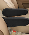 2 Pack Front Seat Armrest Covers Cloth Fabric Protector installed in car interior, showcasing stretch fit over center console armrests.