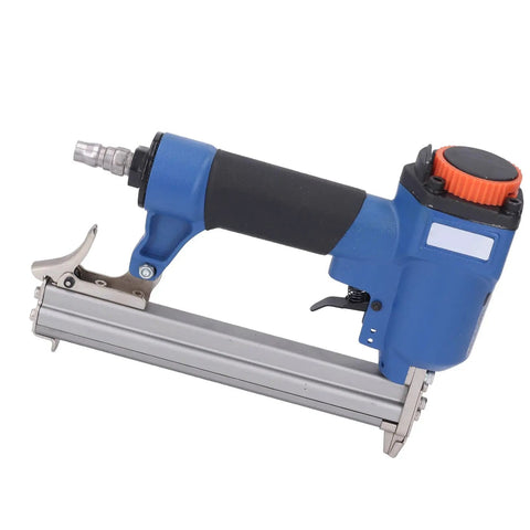 Professional Pneumatic Brad Nailer Built Knockout Tough For Woodworking Jobs. Blue aluminum body with ergonomic grip.