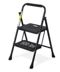 Heavy Duty 2 Step Folding Ladder With 500 Lb Capacity Anti Slip Wide Pedals Beefy Steel Frame Secure Lock Buckle shown unfolded
