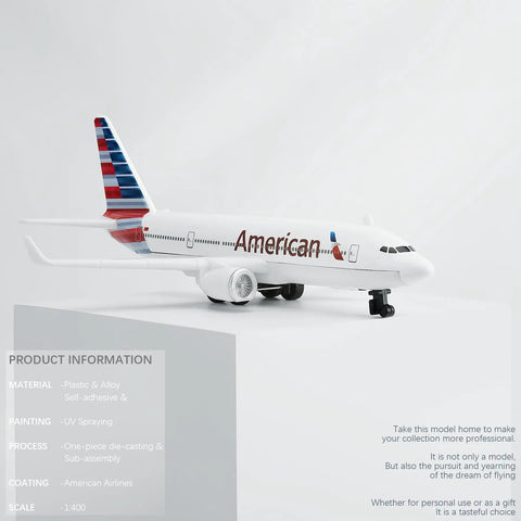 One Four Hundred Scale Plastic Airplane Model For Collectors And Display A Highly Detailed Diecast Style Replica Roughly Six Inches Long With A Five Inch Wingspan This Must Have Collectible Display Piece Is Perfect For Shelf Or Desk Or Office Decor, featuring an American Airlines design on a white background.
