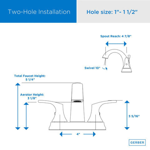 Diagram of dimensions for Two Handle Centerset Lavatory Faucet With Metal Pop Up Drain Drip Free Ceramic Disc Cartridge