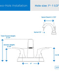 Diagram of Two Handle Centerset Lavatory Faucet With Metal Pop Up Drain Drip Free Ceramic Disc Cartridge for easy install, dimensions shown.