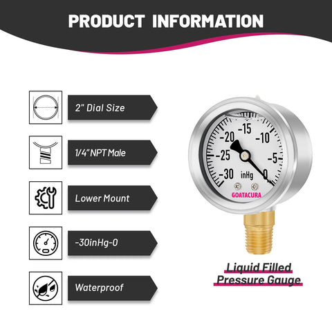 GOATACURA glycerin-filled vacuum pressure gauge, 2-inch dial, stainless steel case, 1/4-inch NPT lower mount