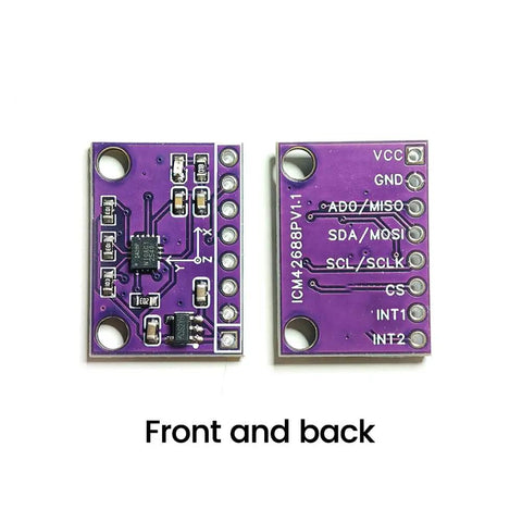 Six Axis ICM-42688 IMU Module With Low Temperature Drift And Offset, High-Precision Attitude Sensor, I2C Or SPI Interface, 3.3V/5V Compatible, Ideal For Drones, Robots, VR And Motion Projects. front and back view of purple PCB module with pin labels