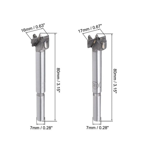 Pro Grade Carbide Tipped Forstner Drill Bits Set With 16mm And 17mm Hole Saw Blades for precise woodworking and hinge projects.