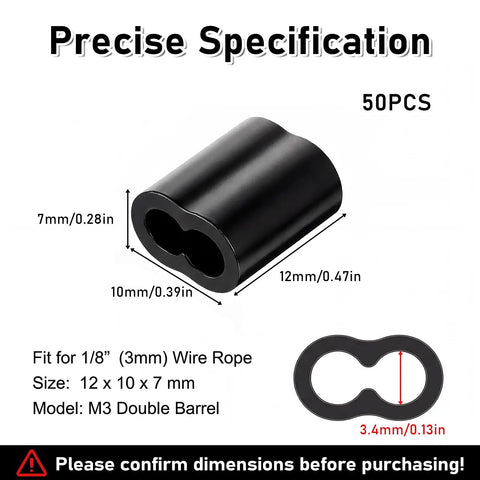 One Eighth Inch Aluminum Crimp Loop Sleeve Set Black Cable Ferrule For Wire Rope Crimps M3 50 PCS Rust Resistant Aluminum Durable Easy Crimp Heavy Duty Build For DIY Projects Repairs Fishing Camping Cables, black M3 double barrel sleeve