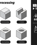 Diagram showing chamfering, V-groove, hole chamfering processes with labels. HRC rating 55 and 60° angle depicted next to illustrations.