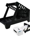 Real Deal Label Roll Organizer Desk Stand For Thermal Printers And Fan Fold Stickers Rack in black steel for label storage.