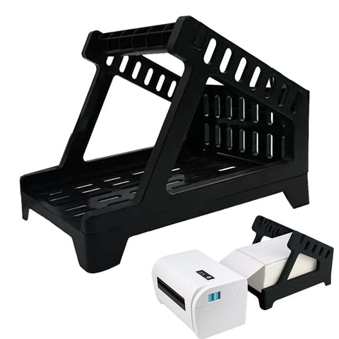 Real Deal Label Roll Organizer Desk Stand For Thermal Printers And Fan Fold Stickers Rack in black steel for label storage.
