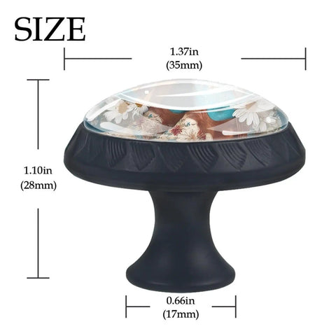 4 Pack Retro Cowboy Boots And Hat Cabinet Knobs Set with crystal glass, 1.37 in round, shown with dimensions and floral details.