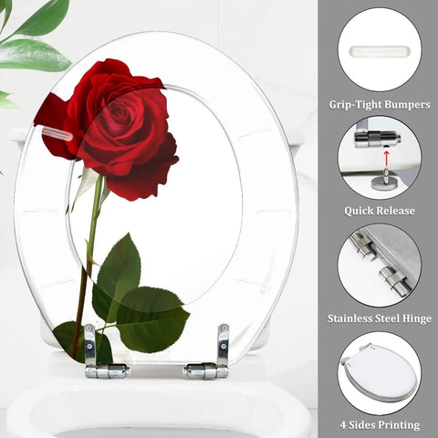 Round Toilet Seat Decor for Home Bathroom with red rose design, 14.5" x 16.5", featuring stainless steel hinges.