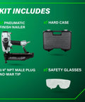Kit includes Finish Nailer With Air Duster For Molding And Cabinetry, 16 Gauge, hard case, safety glasses, and plug.