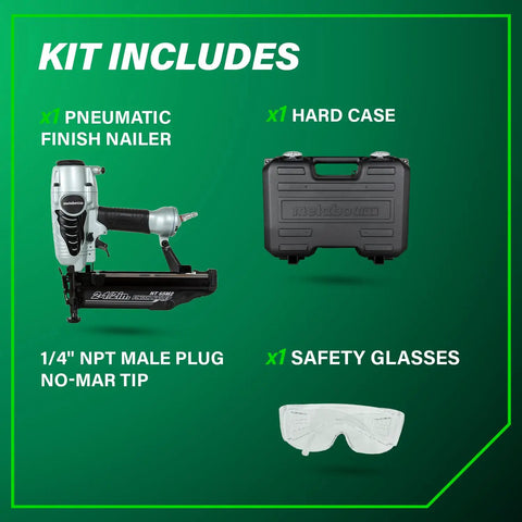 Kit includes Finish Nailer With Air Duster For Molding And Cabinetry, 16 Gauge, hard case, safety glasses, and plug.