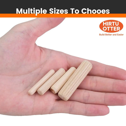 Hand holding multiple sizes of 100 Count Solid Wood Dowel Pins Half Inch By Two Inch Kiln Dried Hardwood Fluted Beveled.