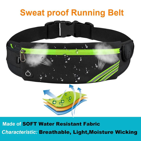Black water-resistant No Bounce Slim Running Belt Fanny Pack For Hiking And Cycling with reflective accents and zipper pouch
