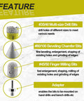 Diamond core drill bits set, front view: multi-size drills, beveling chamfer bits, finger milling bits, adapter.