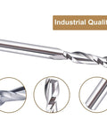 Heavy Duty Solid Carbide 2 Flute Up Cut Spiral Router Bits 5 Piece Set For Slick Wood Carving And Cnc Milling Jobs That Slice Clean Through Lumber Like A Hot Knife drill bit close-up showing spiral flutes and carbide material.