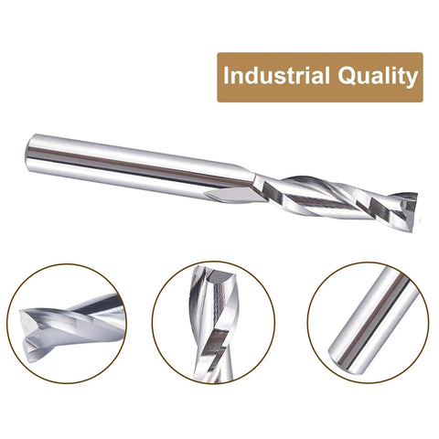Heavy Duty Solid Carbide 2 Flute Up Cut Spiral Router Bits 5 Piece Set For Slick Wood Carving And Cnc Milling Jobs That Slice Clean Through Lumber Like A Hot Knife drill bit close-up showing spiral flutes and carbide material.
