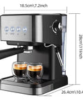 Image of Top Shelf Espresso Coffee Machine With 20 Bar Italian Pump And 1050W Fast Heat Boiler, dimension details on display.