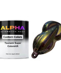 Killer Colorshift Pearl Auto Paint Basecoat Midcoat 128 Oz Gallon alongside a color sample showing unique color shifting effect.