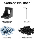 26 Piece 4040 Series Aluminum Extrusion Corner Angle Brackets With Premium T Slot Nuts Fasteners Compact Wrench For Heavy Duty Machine Build Kit showcasing included black 4040 corner bracket, t-sliders, bolts, and hex key.