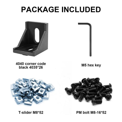 26 Piece 4040 Series Aluminum Extrusion Corner Angle Brackets With Premium T Slot Nuts Fasteners Compact Wrench For Heavy Duty Machine Build Kit showcasing included black 4040 corner bracket, t-sliders, bolts, and hex key.