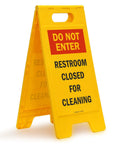 Do Not Enter Restroom Closed For Cleaning Two Sided Folding Floor Sign Plastic Heavy Duty Durable 25 By 12 Inches Red Black Yellow High Visibility Double Sided For Busy Hallways And Maintenance Areas, yellow plastic folding sign