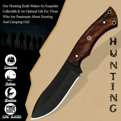 Rugged Fixed Blade Hunting Knife With Powder Coated Stainless Steel Blade And Wooden Grip Full Tang Build For Camping Survival