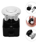 RV Push Button Latch Lock for Drawer and Door, zinc alloy, shown with parts and in hand for size reference.