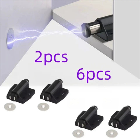Magnetic Touch Latches For Cabinets And Drawers in 2 or 6 pack, showing press to open door hardware and quick release design
