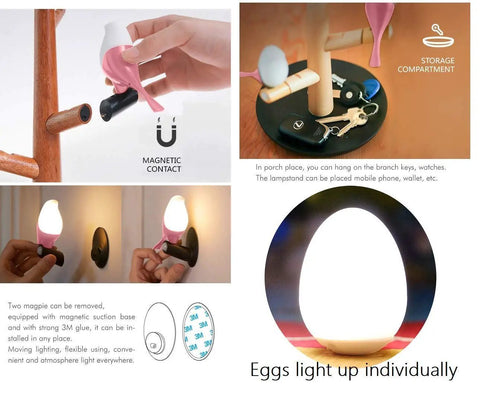 Tree Of Lyte Motion Sensor Bird Night Light with magnetic contact and egg light feature on wood and metal base
