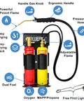 Oxypropane Welding Gas Cutting Torch Kit With Flint Lighter And Cylinder Holder Rack For Jewelers And HVAC Pros Pro Grade Brazing Soldering Map Gas Torch Set Heavy Duty Brass Fittings, showing dual gas cylinders, torch with ergonomic handle, pressurized hoses, and included flint lighter.