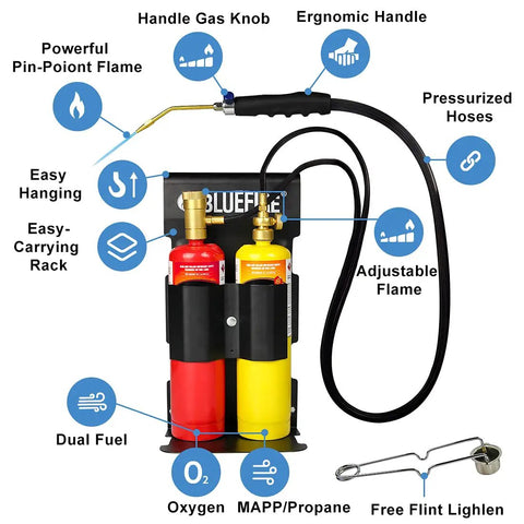 Oxypropane Welding Gas Cutting Torch Kit With Flint Lighter And Cylinder Holder Rack For Jewelers And HVAC Pros Pro Grade Brazing Soldering Map Gas Torch Set Heavy Duty Brass Fittings, showing dual gas cylinders, torch with ergonomic handle, pressurized hoses, and included flint lighter.