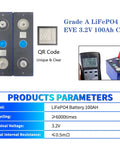 Straight Up Grade A LiFePO4 Battery Cell 100Ah 3.2V Deep Cycle Lithium Iron Phosphate Prismatic Module showing specifications and QR code.