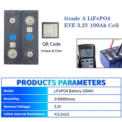 Straight Up Grade A LiFePO4 Battery Cell 100Ah 3.2V Deep Cycle Lithium Iron Phosphate Prismatic Module showing specifications and QR code.