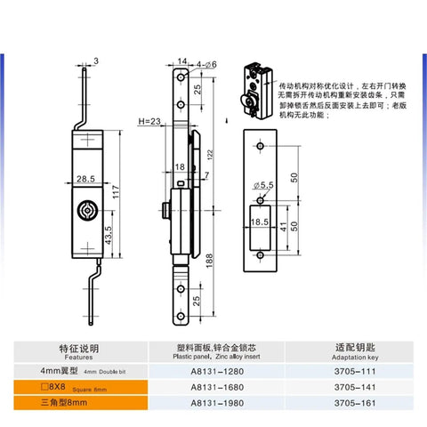 Technical drawing of rod control panel lock with metal plating for electrical cabinets, showing dimensions and installation details.