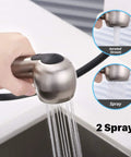 Genuine Utility Sink Faucet Featuring A Breezy Pull Out Sprayer Finished In Brushed Nickel, showing dual spray functions.