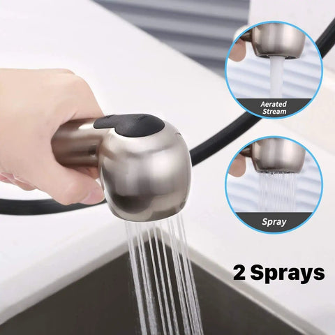 Genuine Utility Sink Faucet Featuring A Breezy Pull Out Sprayer Finished In Brushed Nickel, showing dual spray functions.