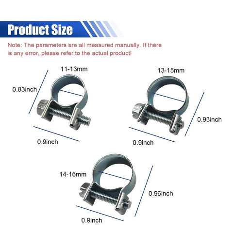 30 Piece Fuel Line Hose Clamp Set With 1/4 In 5/16 In And 3/8 In Stainless Steel Adjustable Clamps For Automotive Diesel And Petrol Pipes DIY Friendly Pro Grade Heavy Duty Construction For Long Lasting Performance showing size dimensions