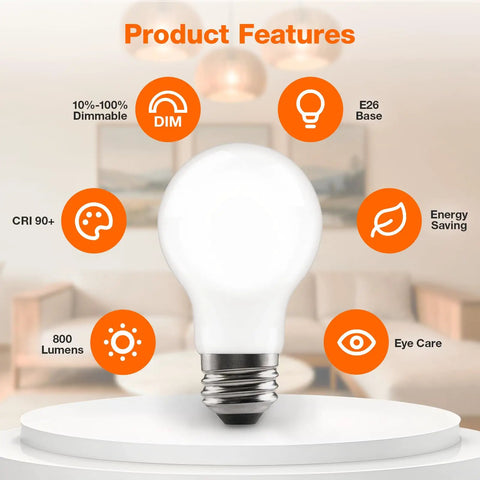 Soft White A15 LED Ceiling Fan Light Bulb Dimmable 60W Equivalent, Frosted, 800 Lumens, Medium Base, product features display