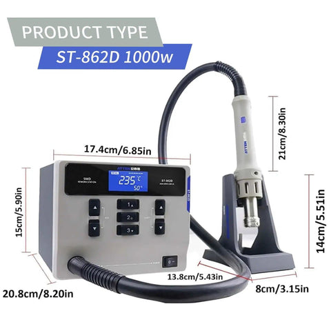 Hot Air Soldering Station with 1000W Power, ST862D Digital Rework Station, LCD Display with dimensions shown