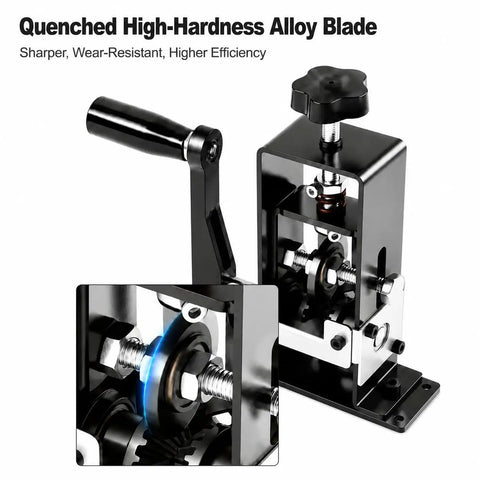 Close-up of Heavy Duty Wire Stripper Machine For Quick Cable Prepping With Dual Drive Crank Or Drill Mount, featuring alloy blade.