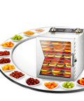Heavy Duty Commercial Electric Food Dehydrator Featuring Massive Stainless Steel Trays And Digital Timer for drying fruits and meats.