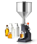 Easy Pull Down Manual Liquid Filler With 10 Liter Hopper And Adjustable 5 To 50 Ml Settings For Smooth Bottling Of Juice Shampoo Honey And Hobby Crafts. Stainless steel design with jars and bottles filled.