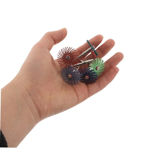 Durable 3Mm Shank Radial Bristle Polishing Wheel For Drill Grinder And Rotary Tool held in hand, showcasing various colors and spiral flap design.